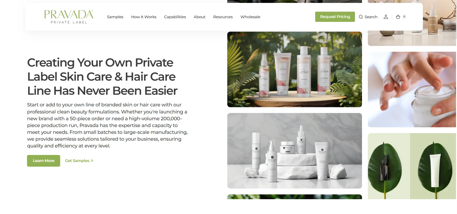 Website showcasing Pravada private label skincare and hair care products with promotional text and product illustrations.